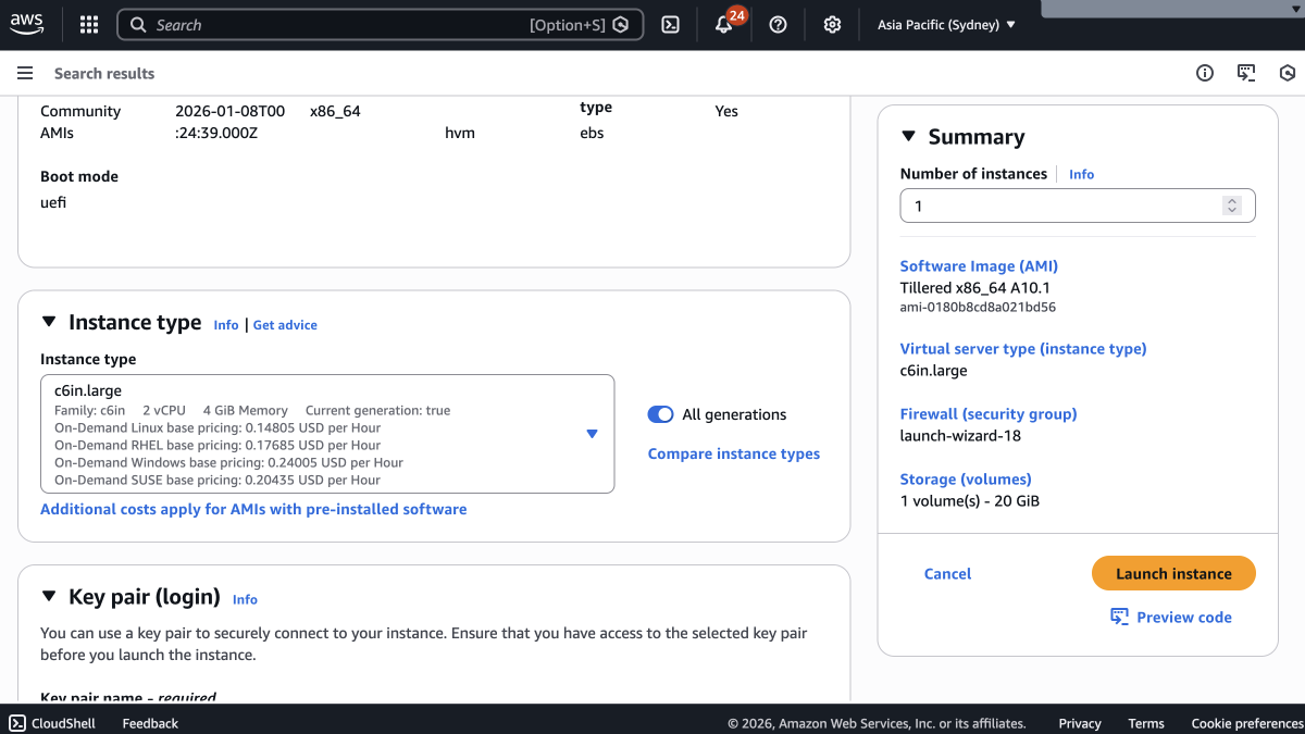 Selecting the c6in.large instance type