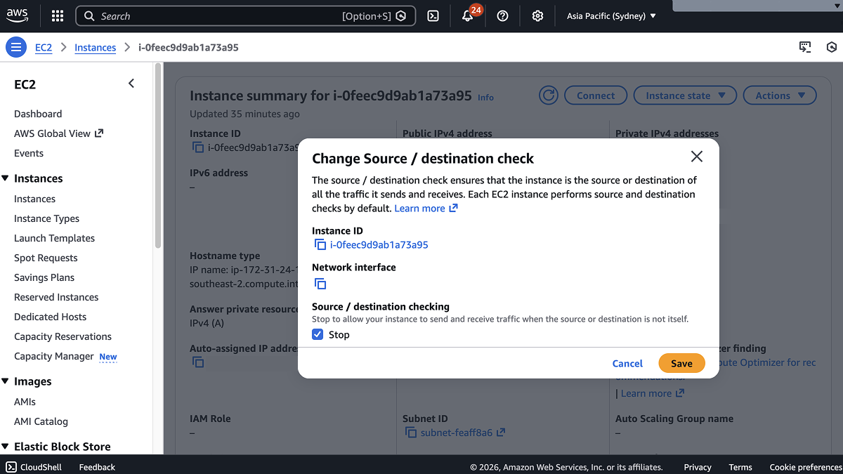 Change Source/destination check modal with Stop selected