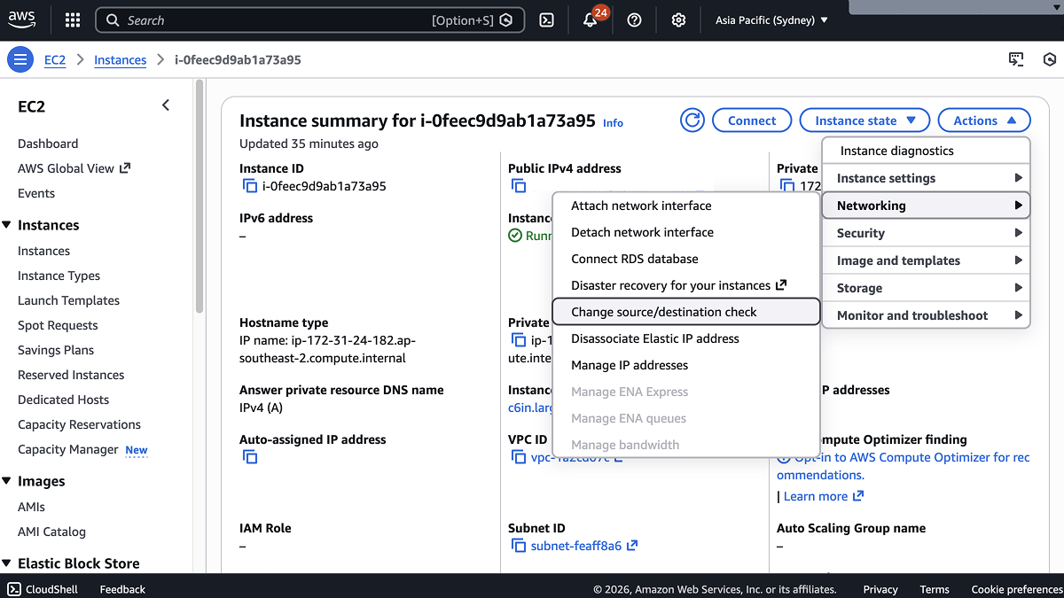 Actions menu showing Change source/destination check option