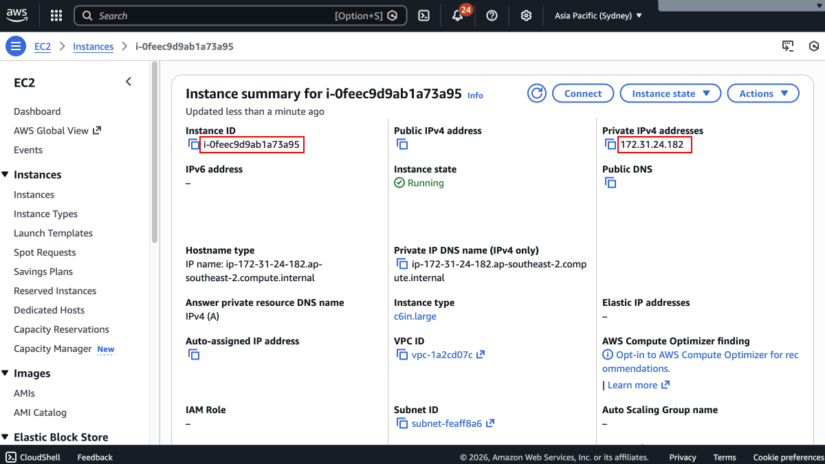 EC2 instance summary showing Instance ID and Private IPv4