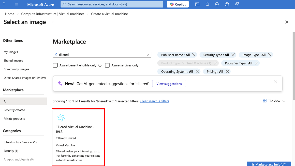 Searching for Tillered in the Azure Marketplace