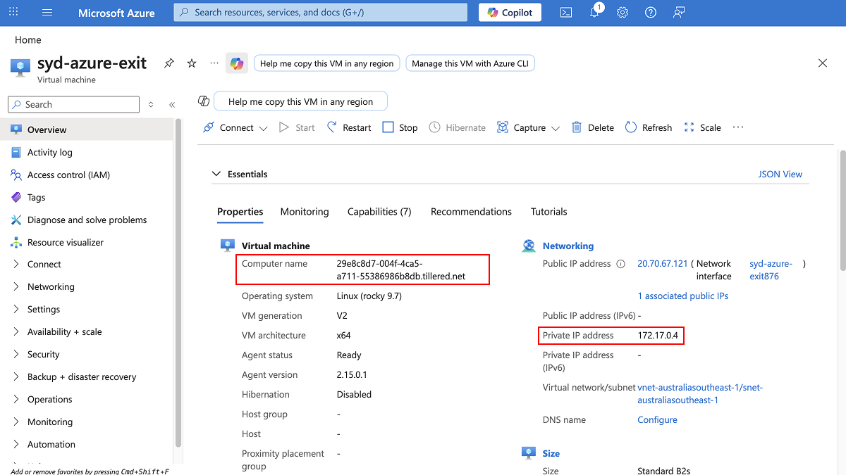 VM overview showing the computer name and private IP address
