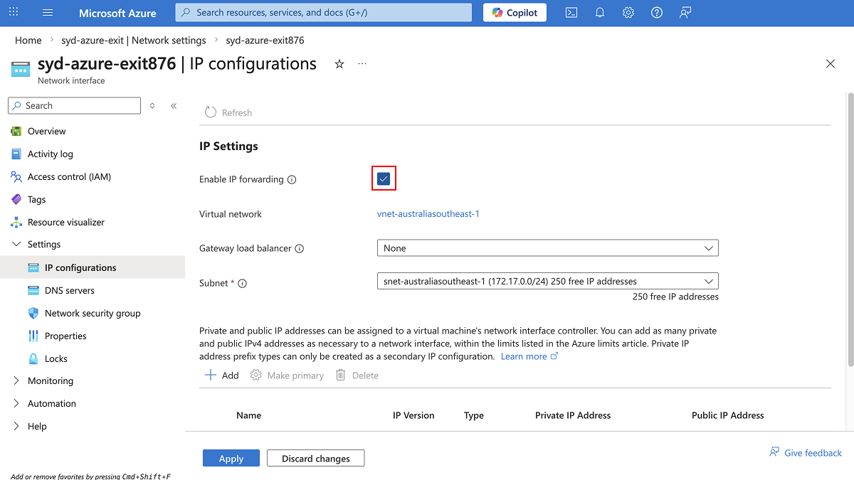 IP configurations page with IP forwarding enabled