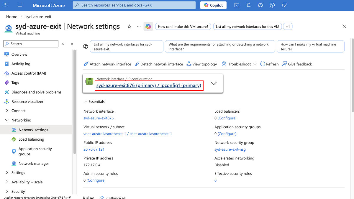 Network settings page showing the attached NIC