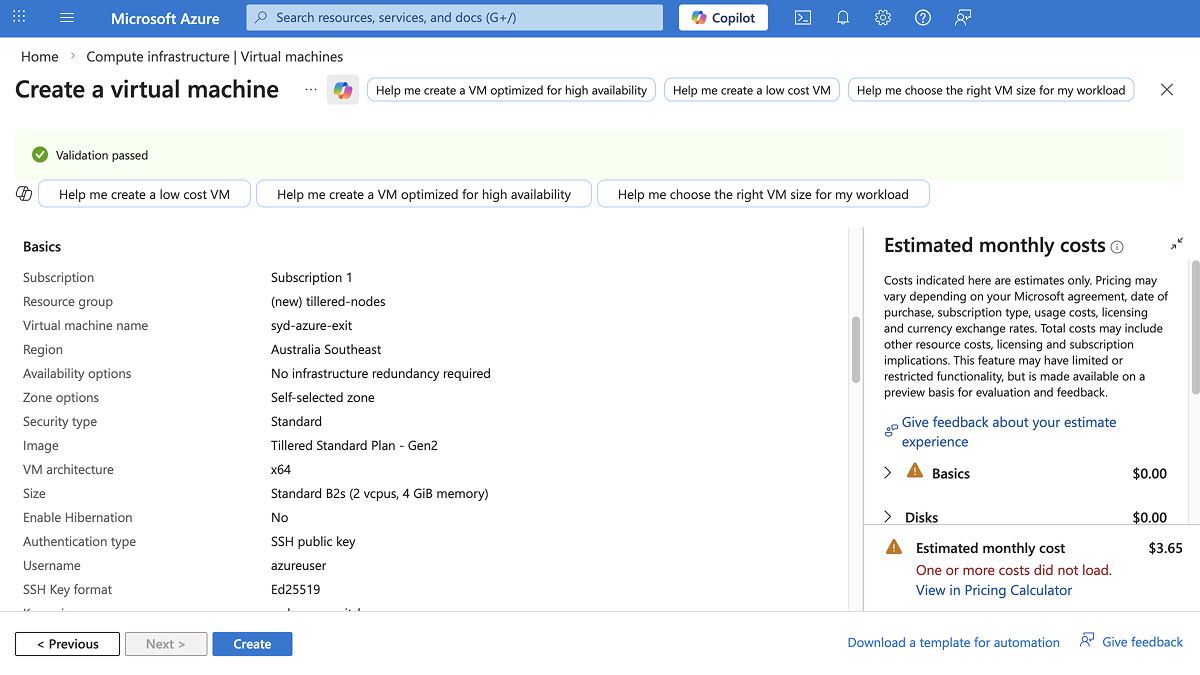 Review and create page showing the VM configuration