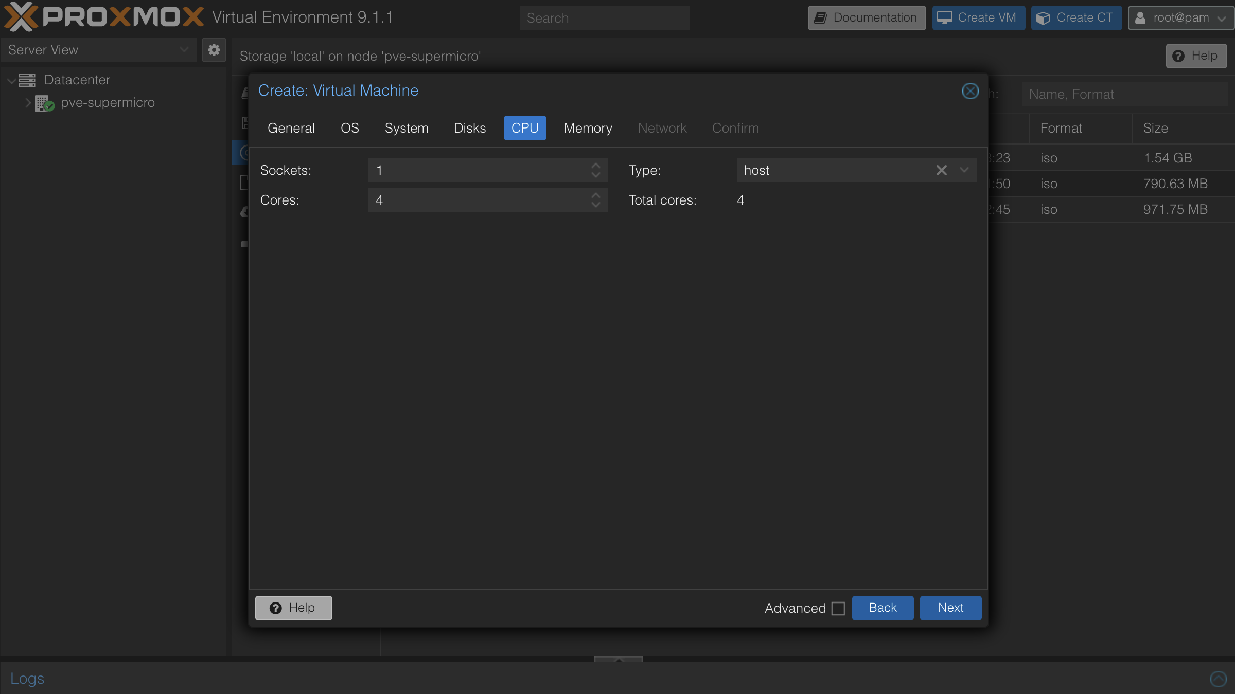 CPU tab with 4 cores and host type selected