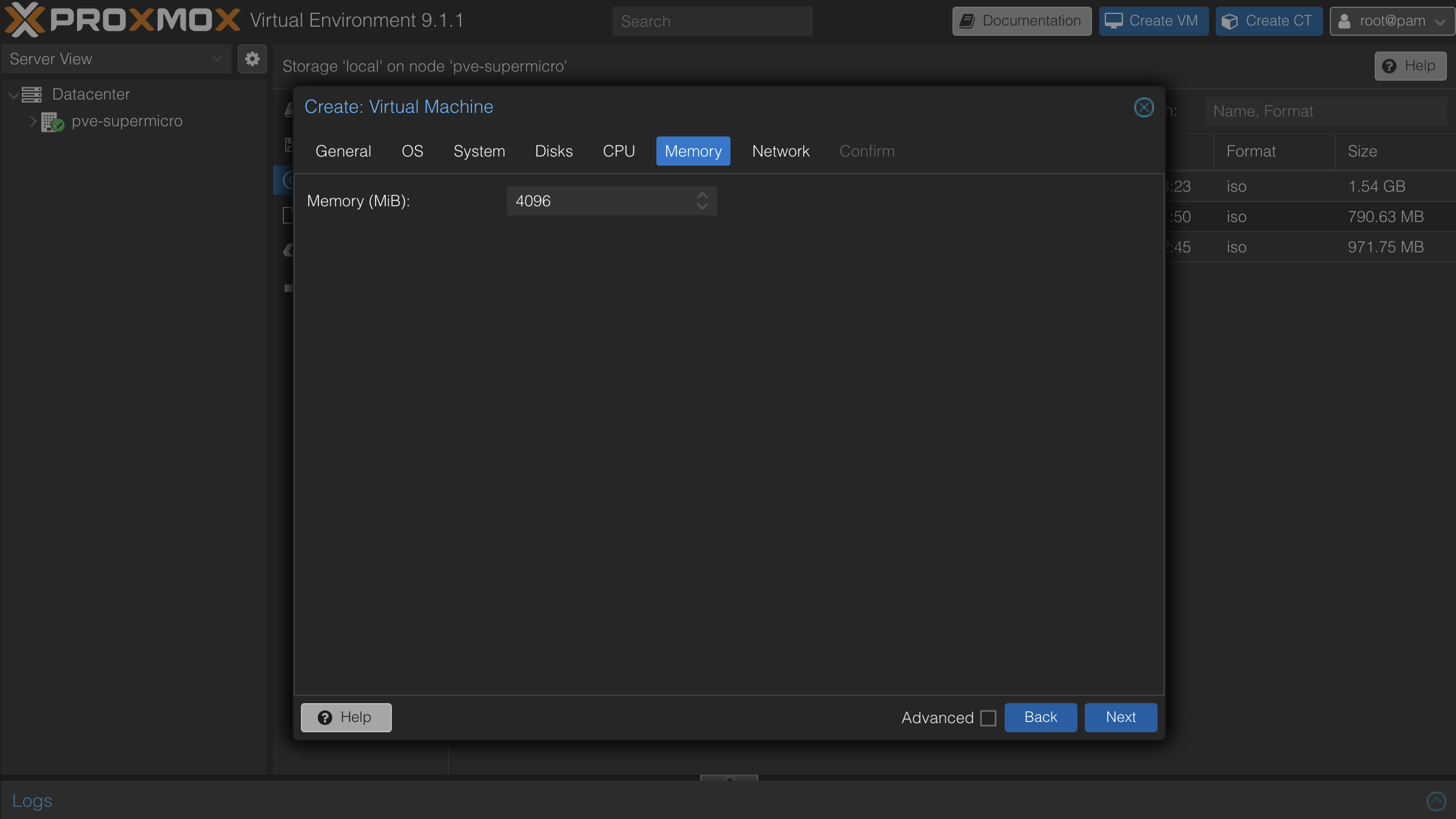 Memory tab with 4096 MiB configured