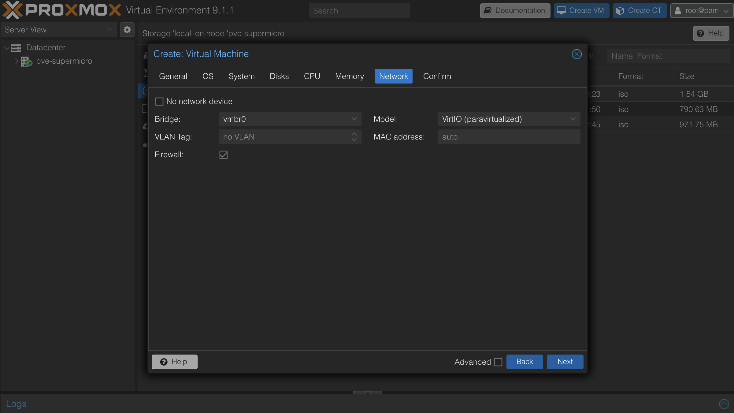 Network tab showing bridge and VLAN configuration