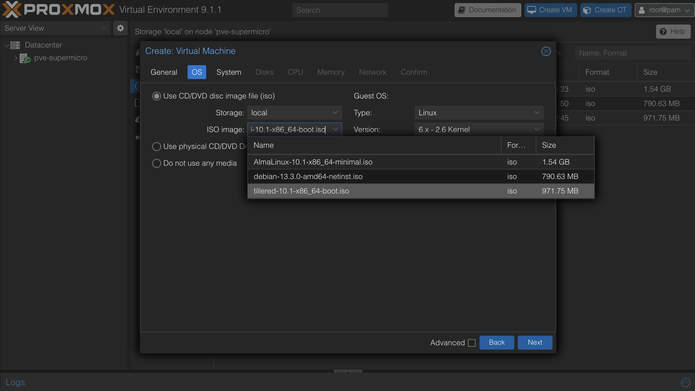 OS tab with the Tillered ISO selected