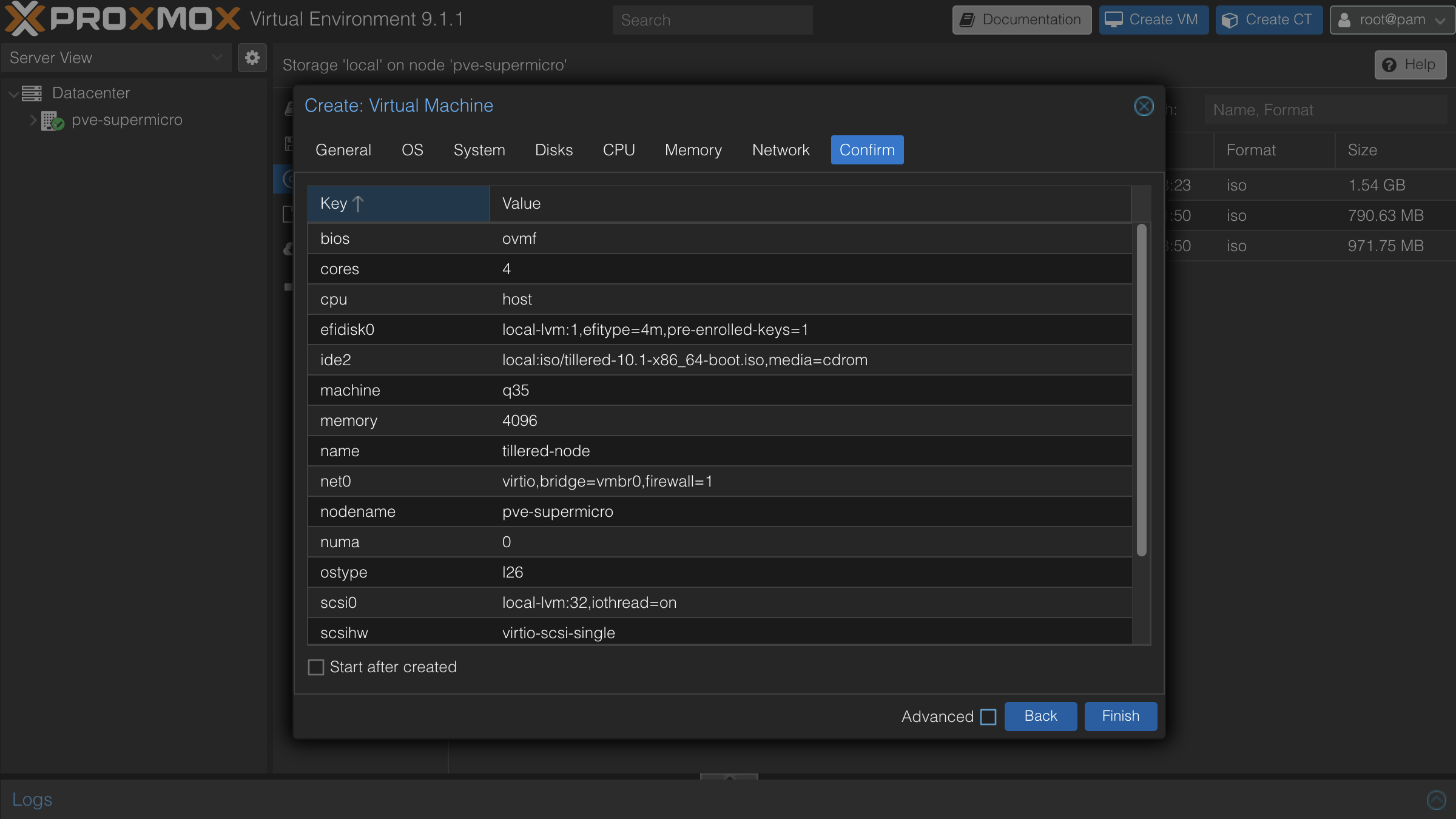 Confirm tab showing the full VM configuration