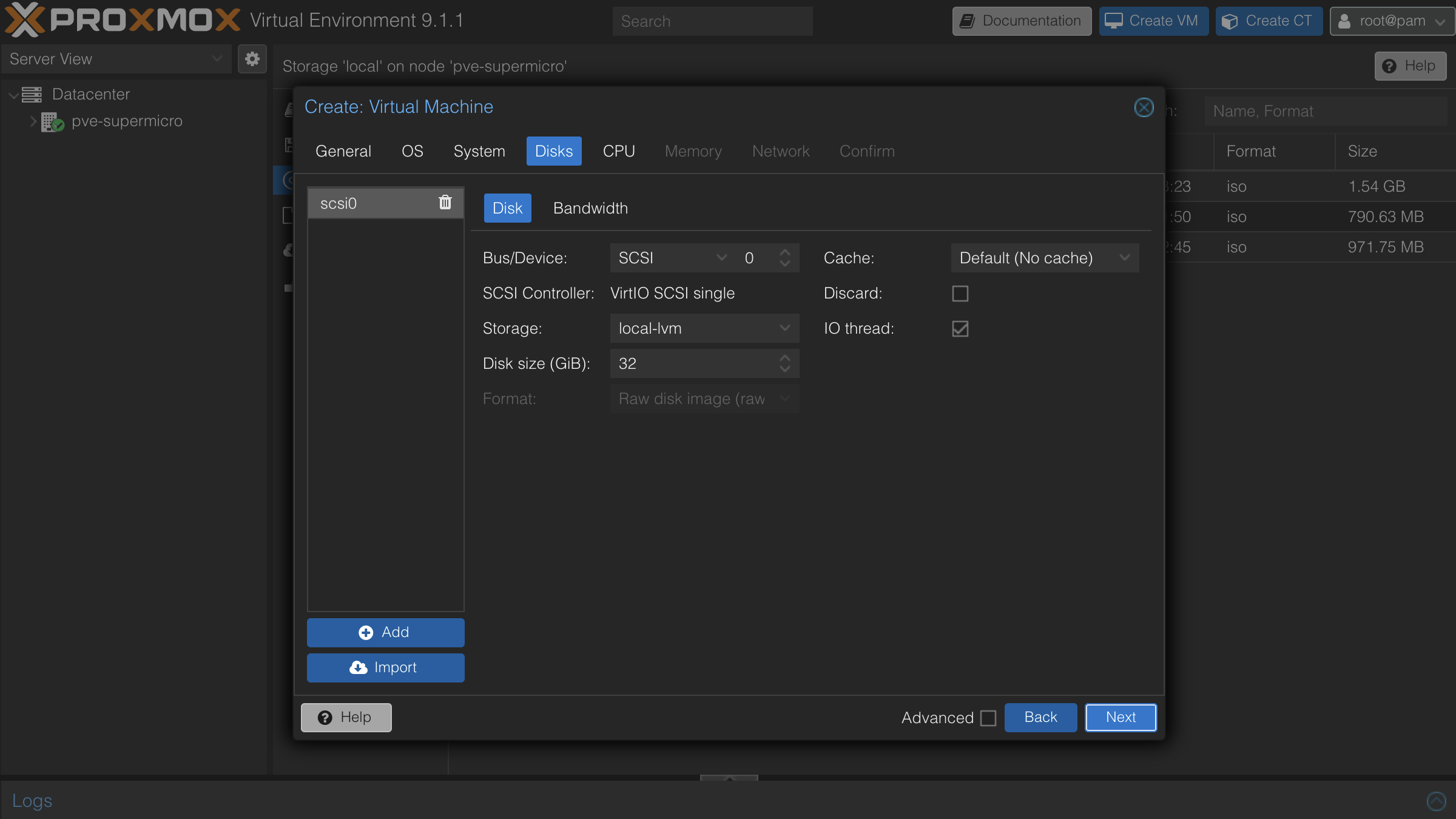 Disks tab with default storage configuration