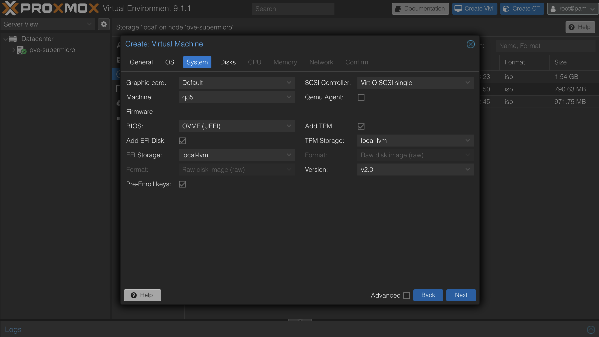 System tab with q35, OVMF UEFI, and TPM configured