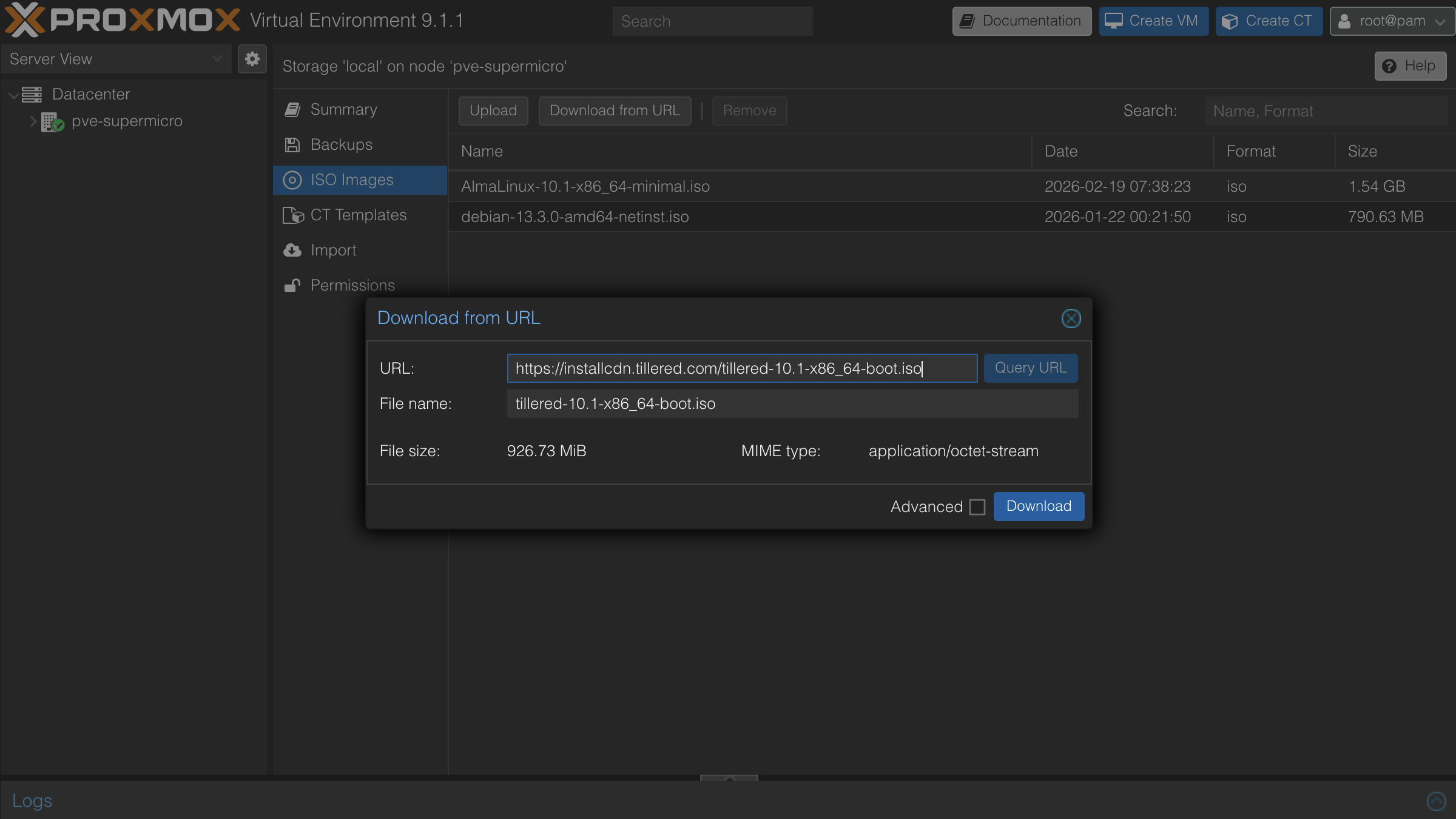 Downloading the Tillered ISO from URL in Proxmox