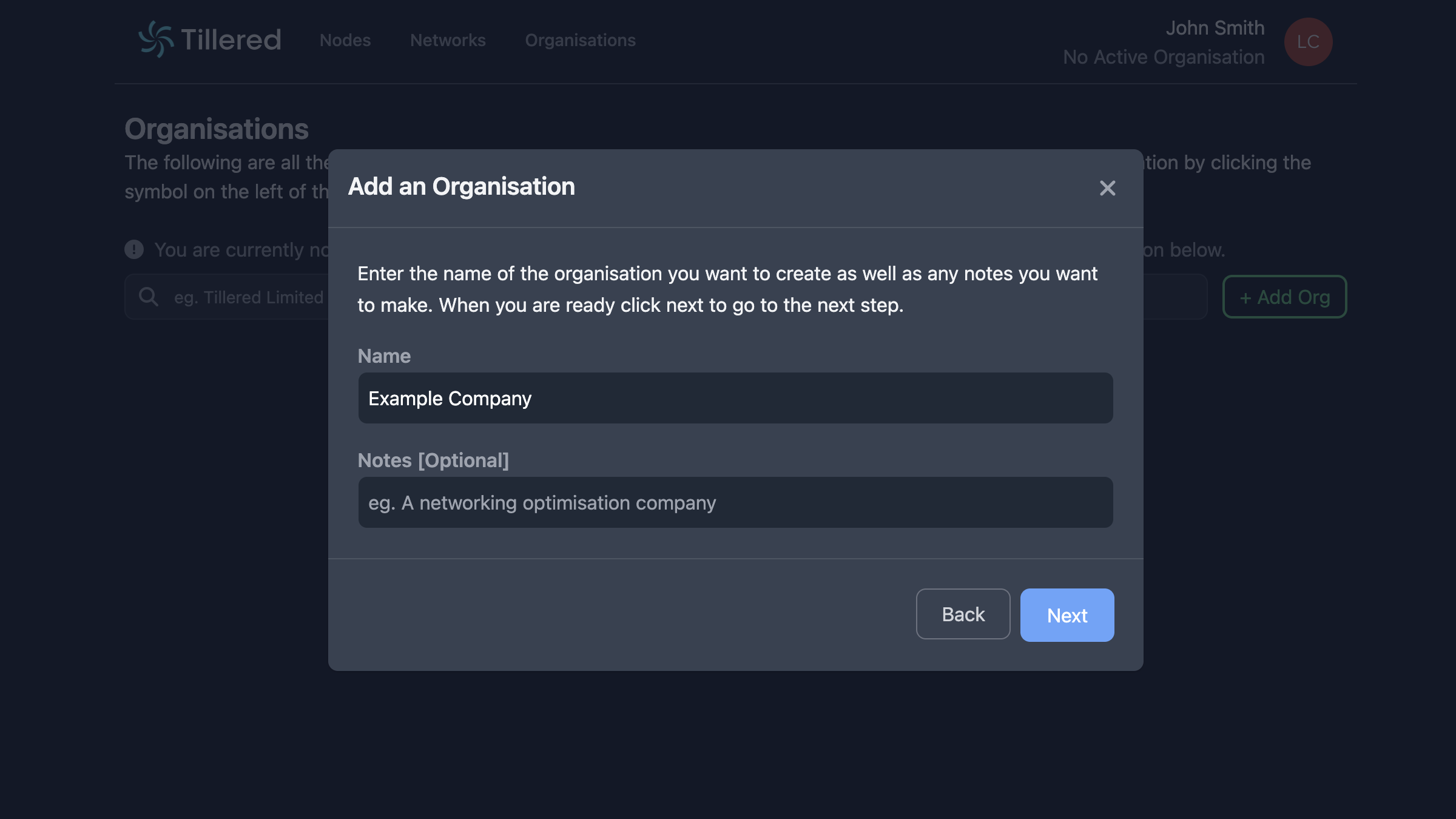 Organisation name and notes