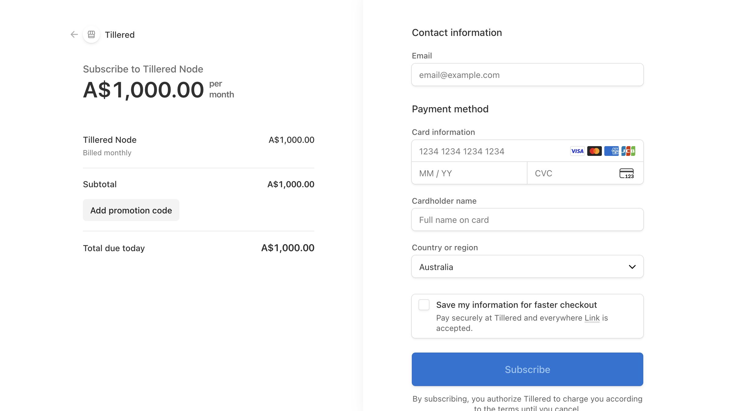 Stripe checkout page for Tillered Node subscription