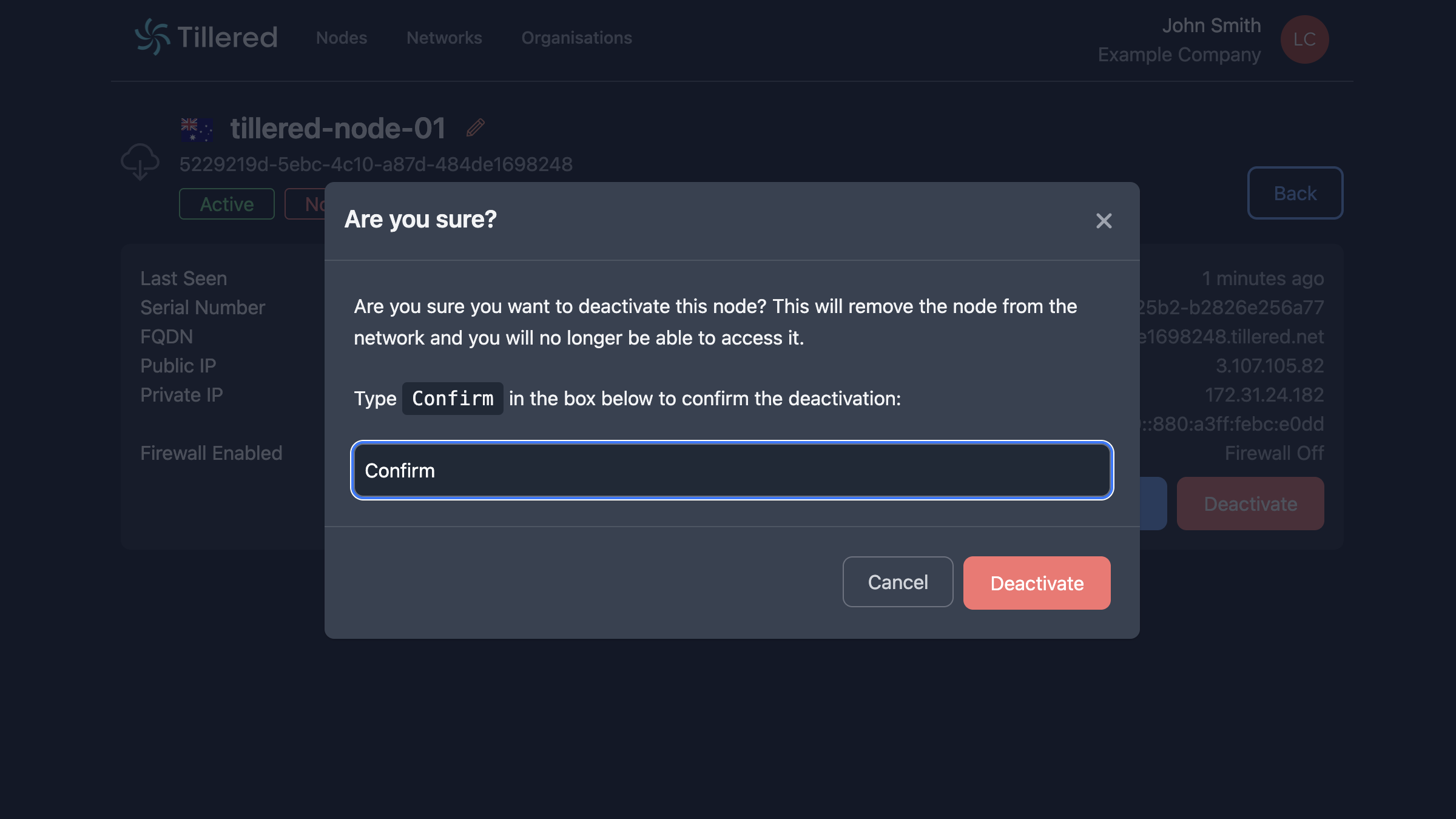 Deactivate node confirmation dialog