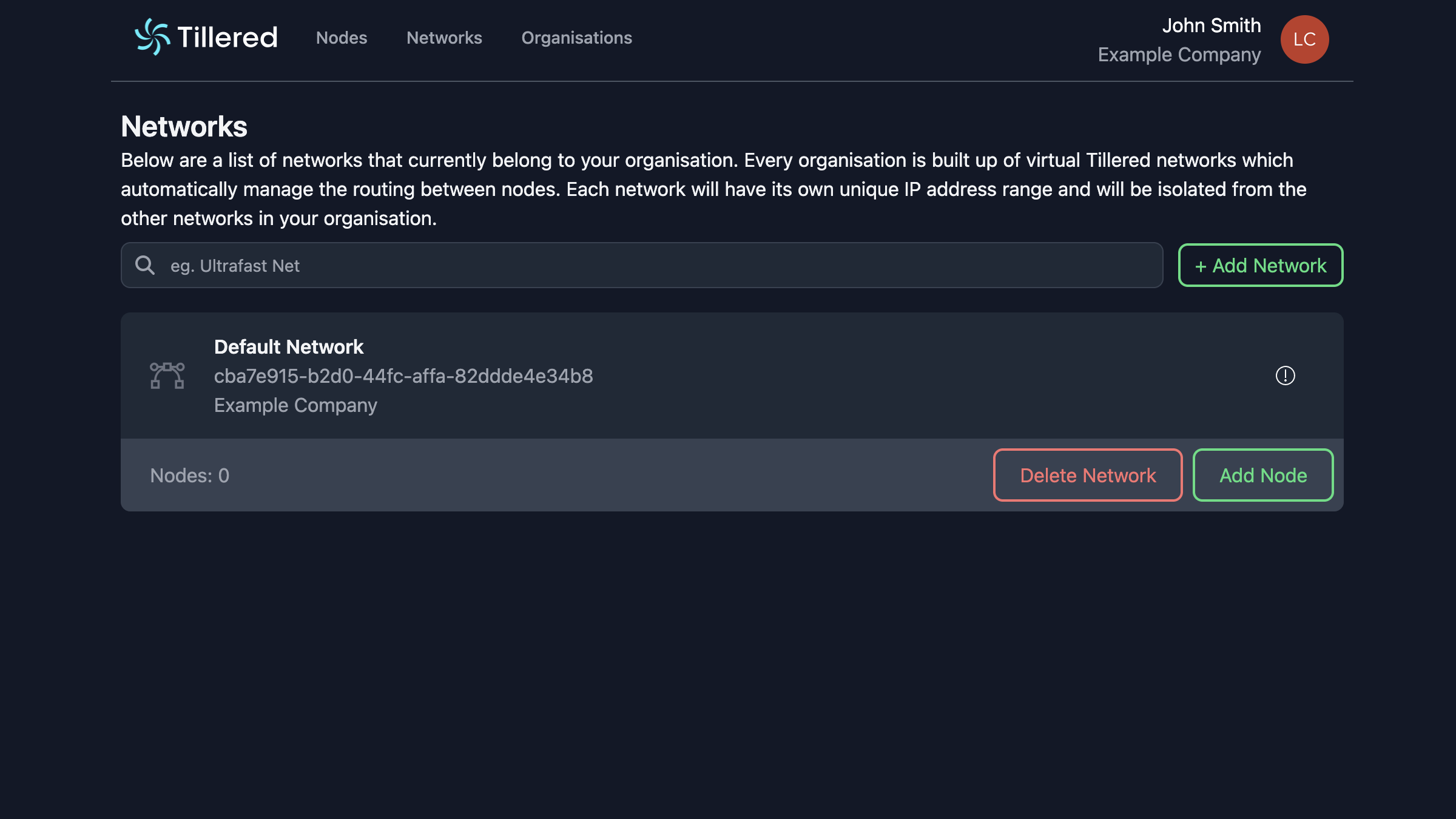 Empty network in the Tillered Hub with Add Node button