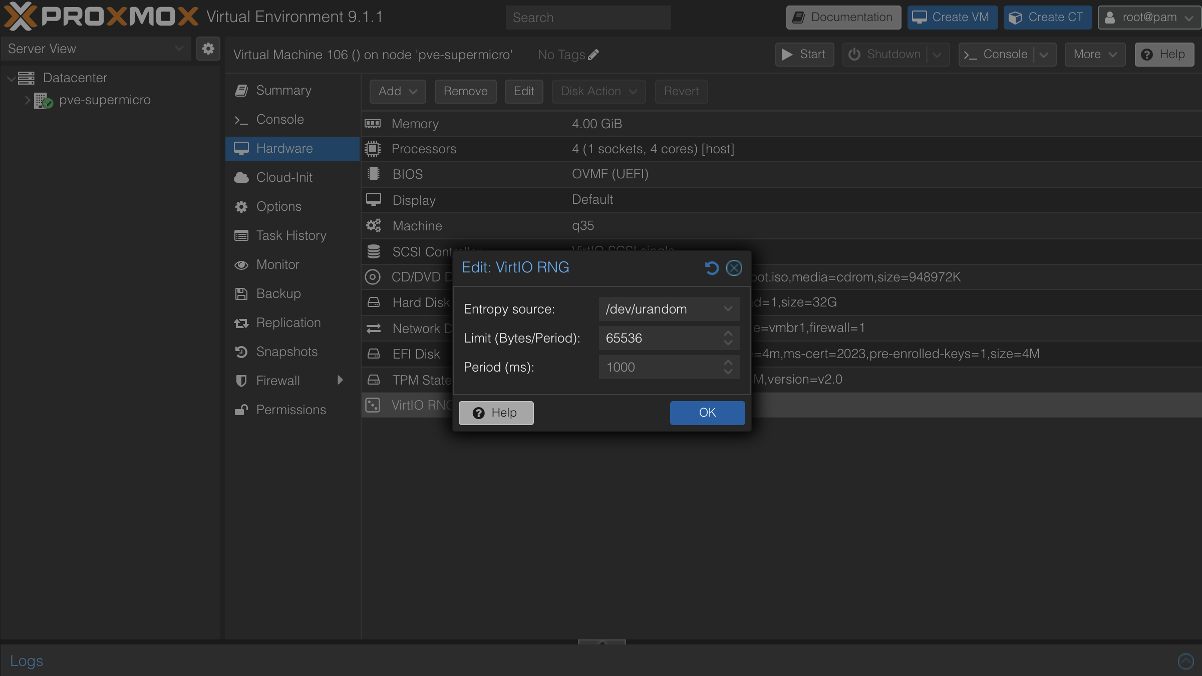 VirtIO RNG device attached to the VM hardware