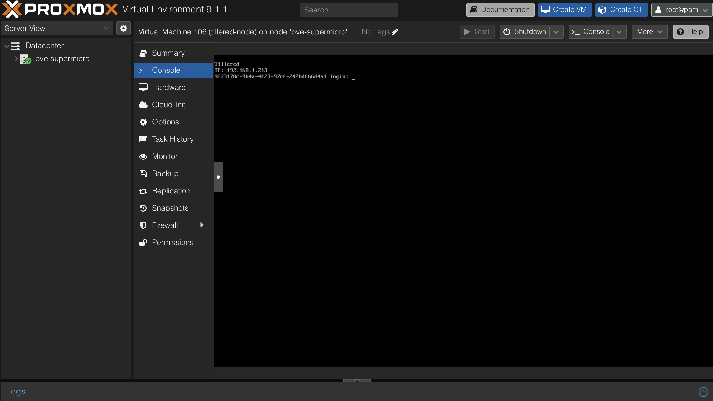 Proxmox console showing the Tillered node ready with IP address and login prompt
